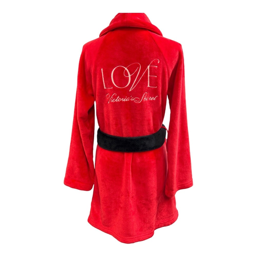 Victorias Secret Robe Red Plush Short Black Tie Waist Love Spell Out Size XS‎